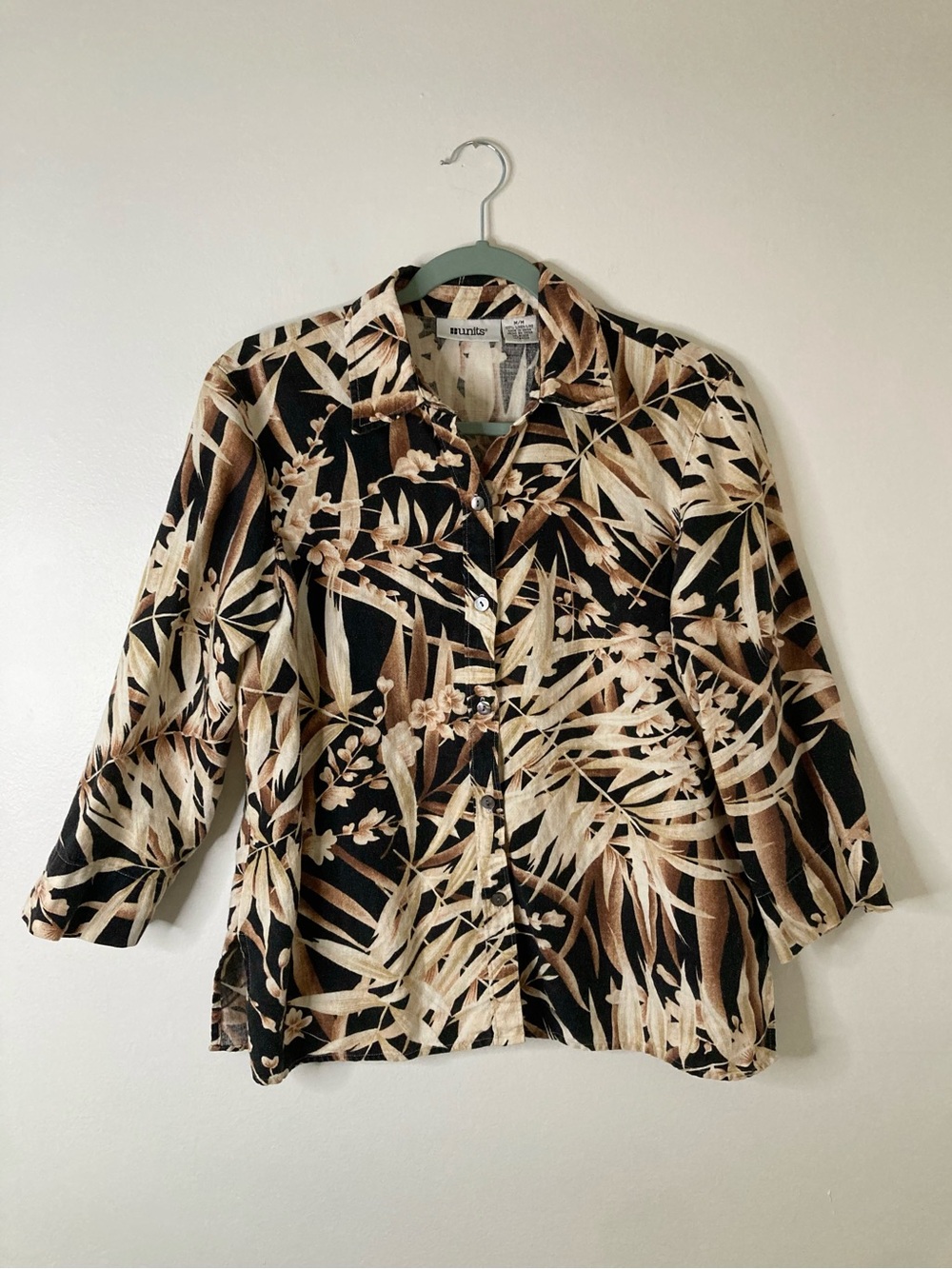 UNITS Vintage 100% Linen Tropical Palm Leaf Print Button Up Blouse Medium